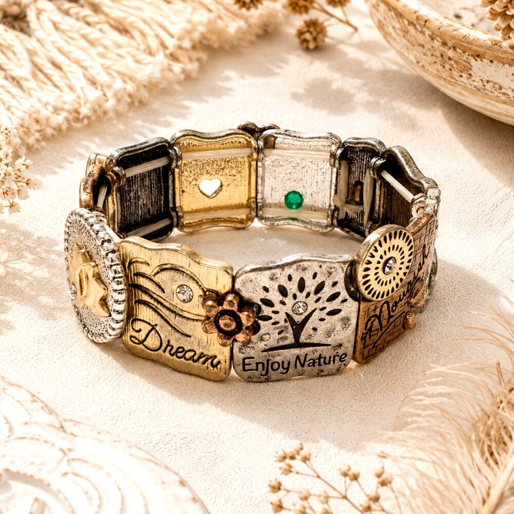 Tri Color Inspirational Stretch Bracelet Rhinestone Accent Links